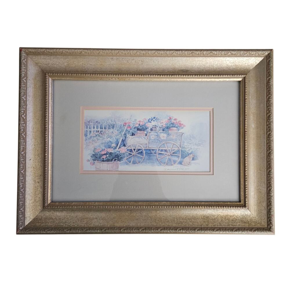 Dawna Barton Signed Flower Cart Garden Cat Floral Framed Art Print Cottage Decor